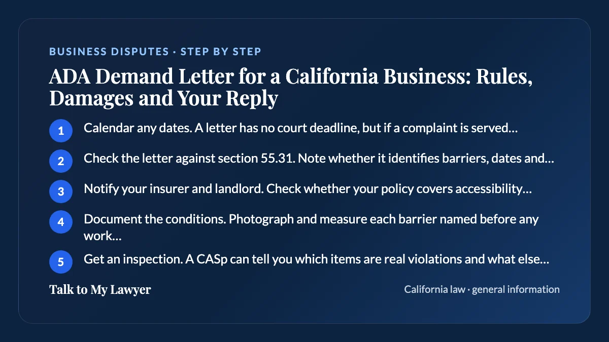 Step-by-step card: 5 steps, starting with "Calendar any dates. A letter has no court deadline, but if a complaint is served later,…"