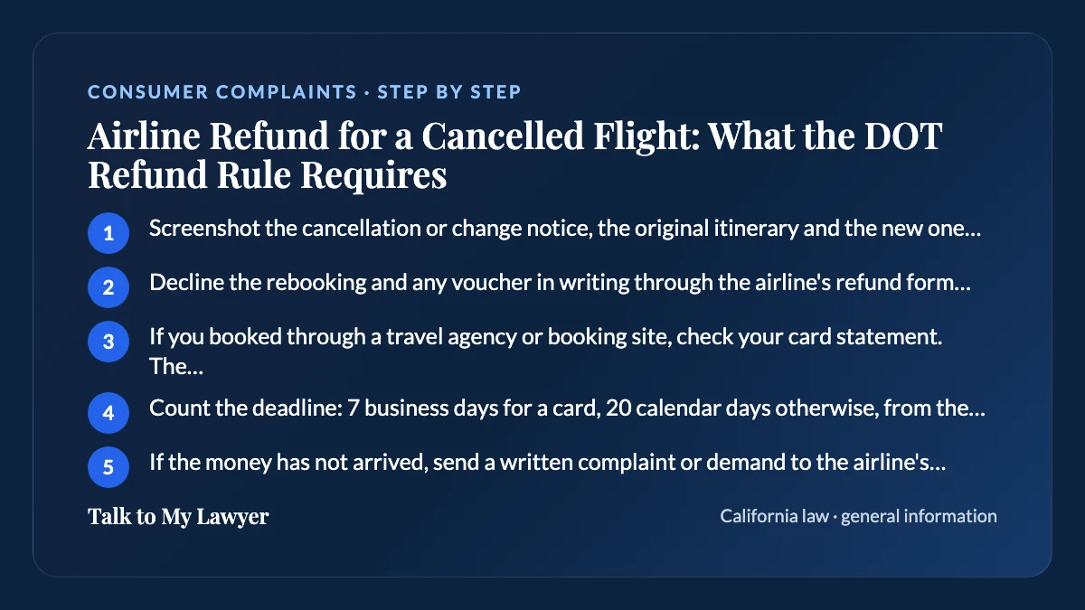 Step-by-step card: 5 steps, starting with "Screenshot the cancellation or change notice, the original itinerary and the new one, with…"