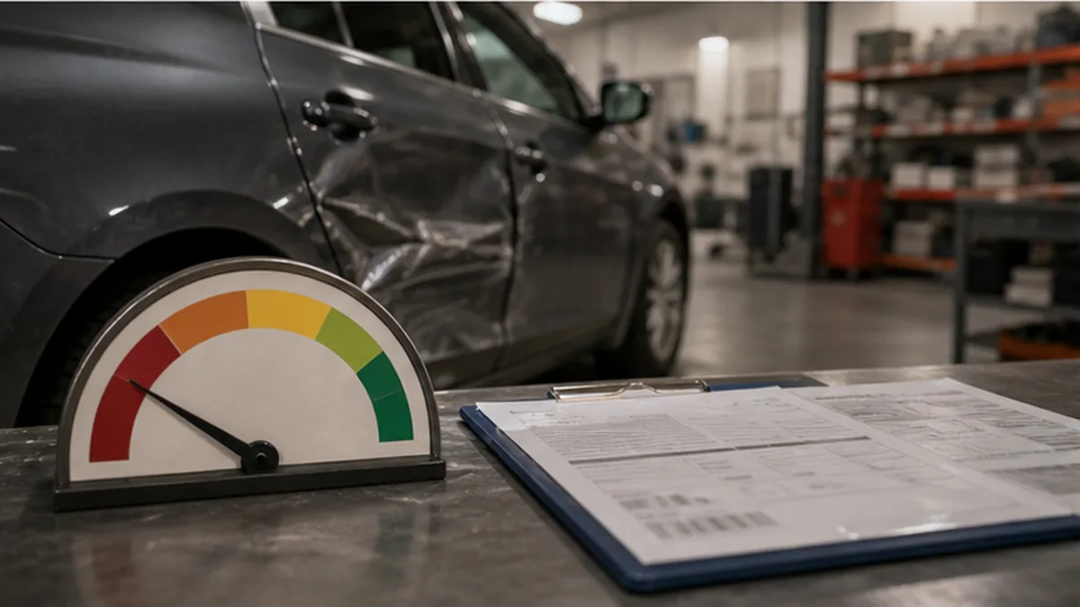 Auto Insurance Underpayment Demand Letter photo showing vehicle damage bay with dent outline and low-offer gauge