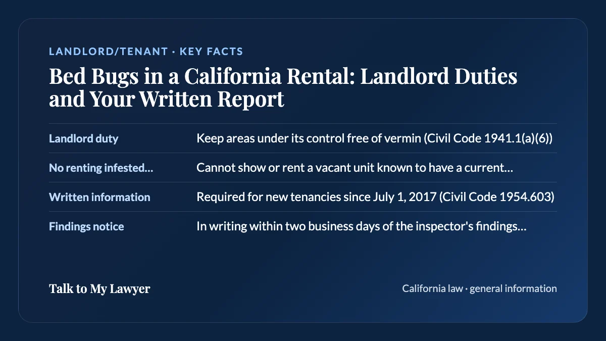 Key facts card: Landlord duty; No renting infested units; Written information; Findings notice