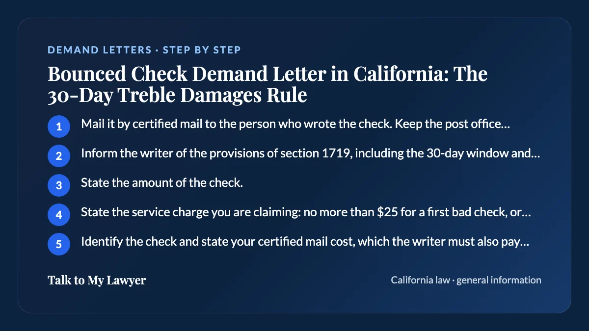 Step-by-step card: 5 steps, starting with "Mail it by certified mail to the person who wrote the check. Keep the post office receipt…"