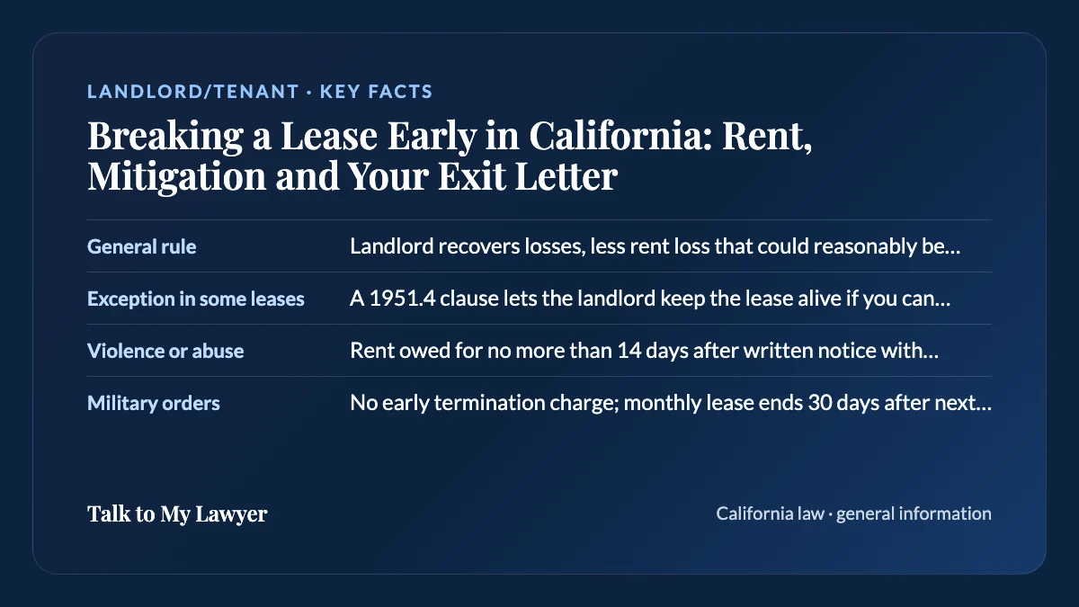 Key facts card: General rule; Exception in some leases; Violence or abuse; Military orders