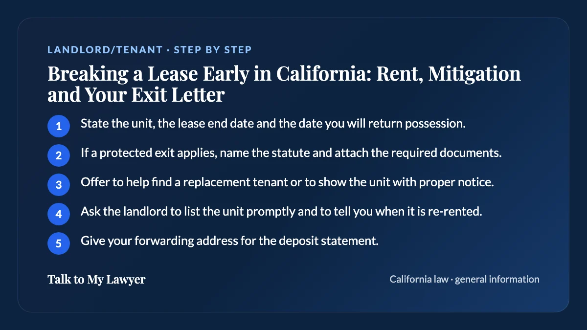 Step-by-step card: 5 steps, starting with "State the unit, the lease end date and the date you will return possession"