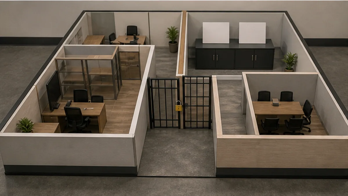 Business Partner Demand Letter photo showing split company floor plan with locked access gate and shared asset vault