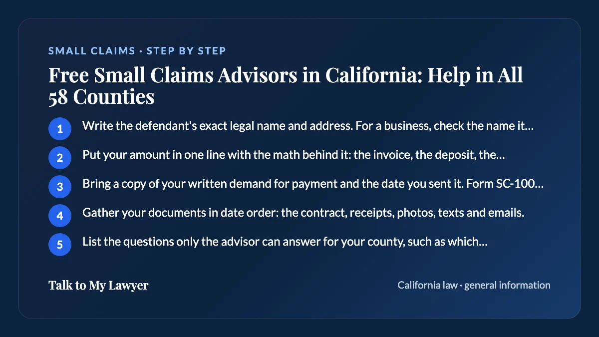 Step-by-step card: 5 steps, starting with "Write the defendant's exact legal name and address. For a business, check the name it is…"