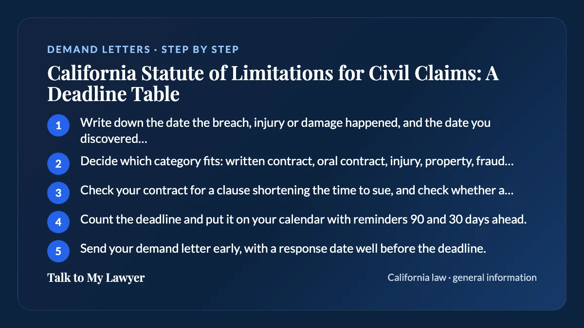 Step-by-step card: 5 steps, starting with "Write down the date the breach, injury or damage happened, and the date you discovered it"