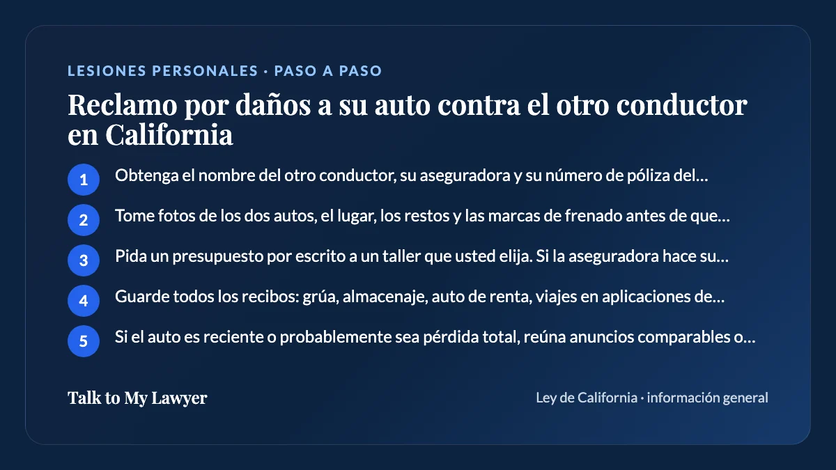 Tarjeta paso a paso: 5 pasos, empezando por "Obtenga el nombre del otro conductor, su aseguradora y su número de póliza del…"