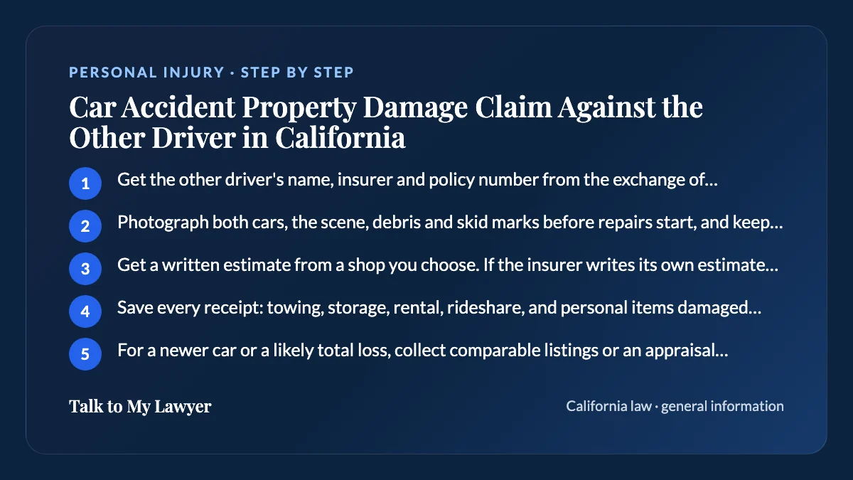 Step-by-step card: 5 steps, starting with "Get the other driver's name, insurer and policy number from the exchange of information or…"