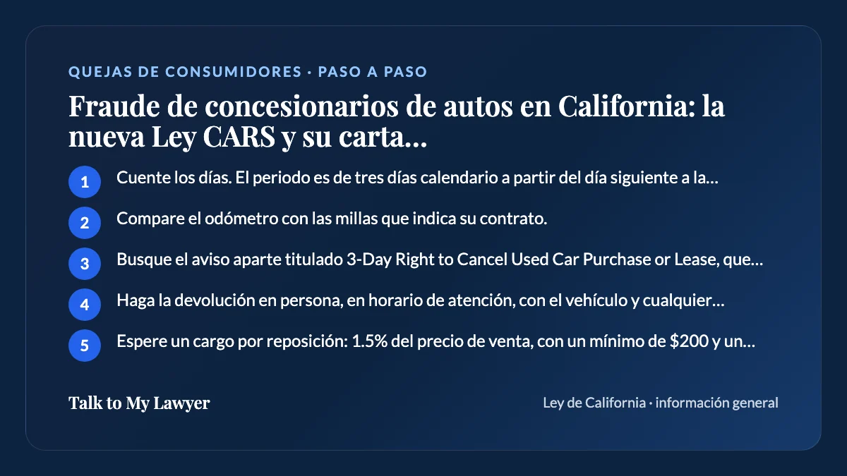 Tarjeta paso a paso: 5 pasos, empezando por "Cuente los días. El periodo es de tres días calendario a partir del día siguiente a la…"