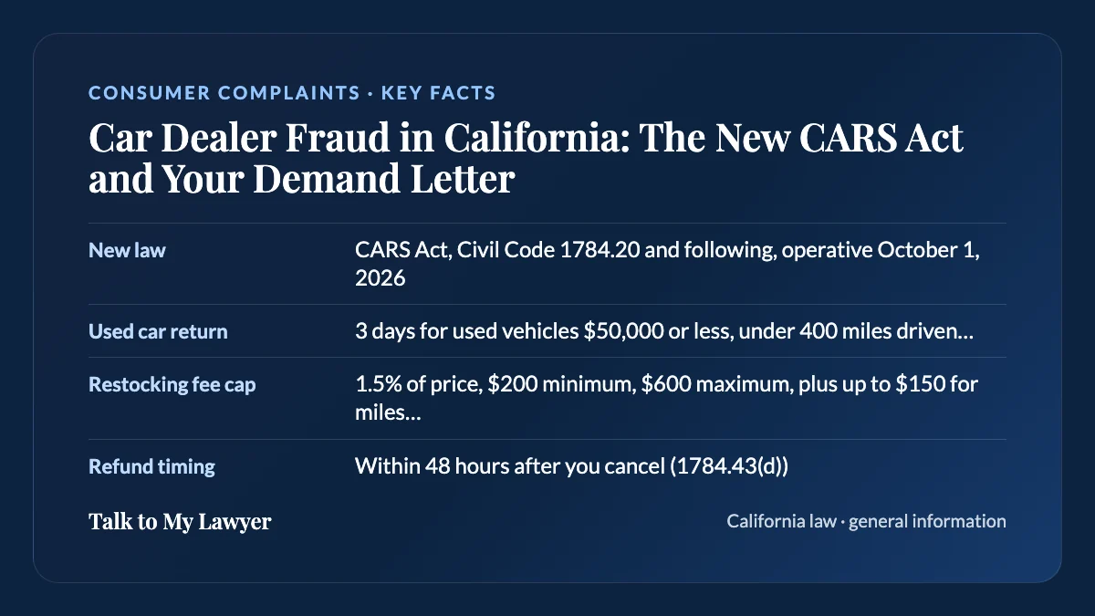 Key facts card: New law; Used car return; Restocking fee cap; Refund timing