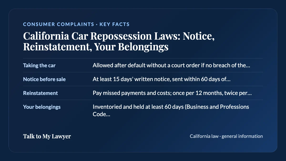 Key facts card: Taking the car; Notice before sale; Reinstatement; Your belongings