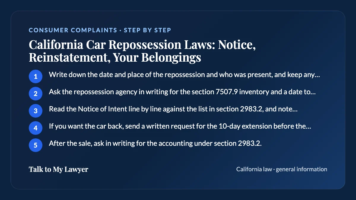 Step-by-step card: 5 steps, starting with "Write down the date and place of the repossession and who was present, and keep any police…"