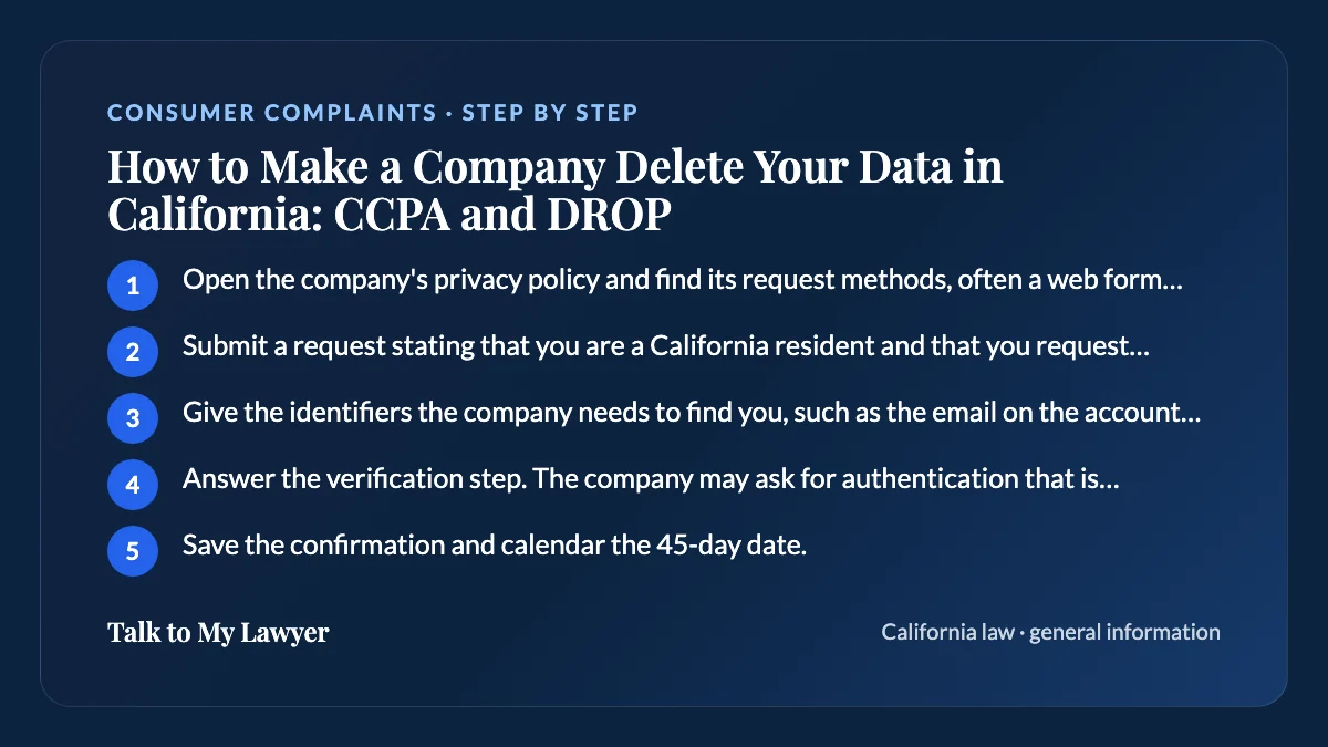 Step-by-step card: 5 steps, starting with "Open the company's privacy policy and find its request methods, often a web form, email…"
