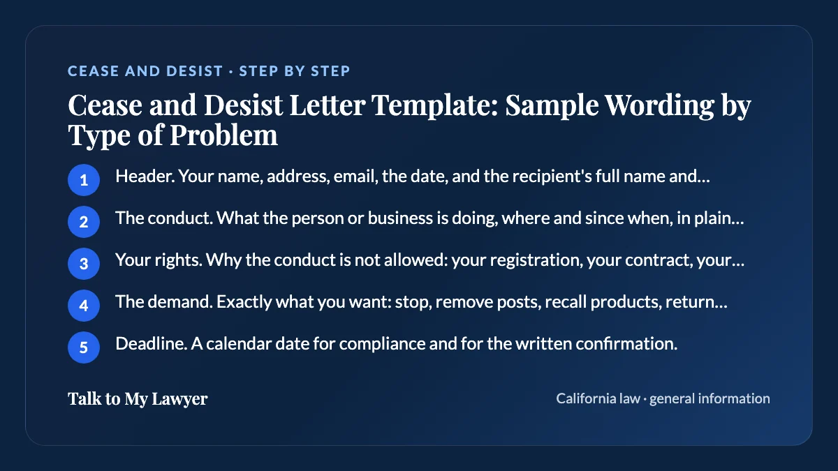 Step-by-step card: 5 steps, starting with "Header. Your name, address, email, the date, and the recipient's full name and address.…"