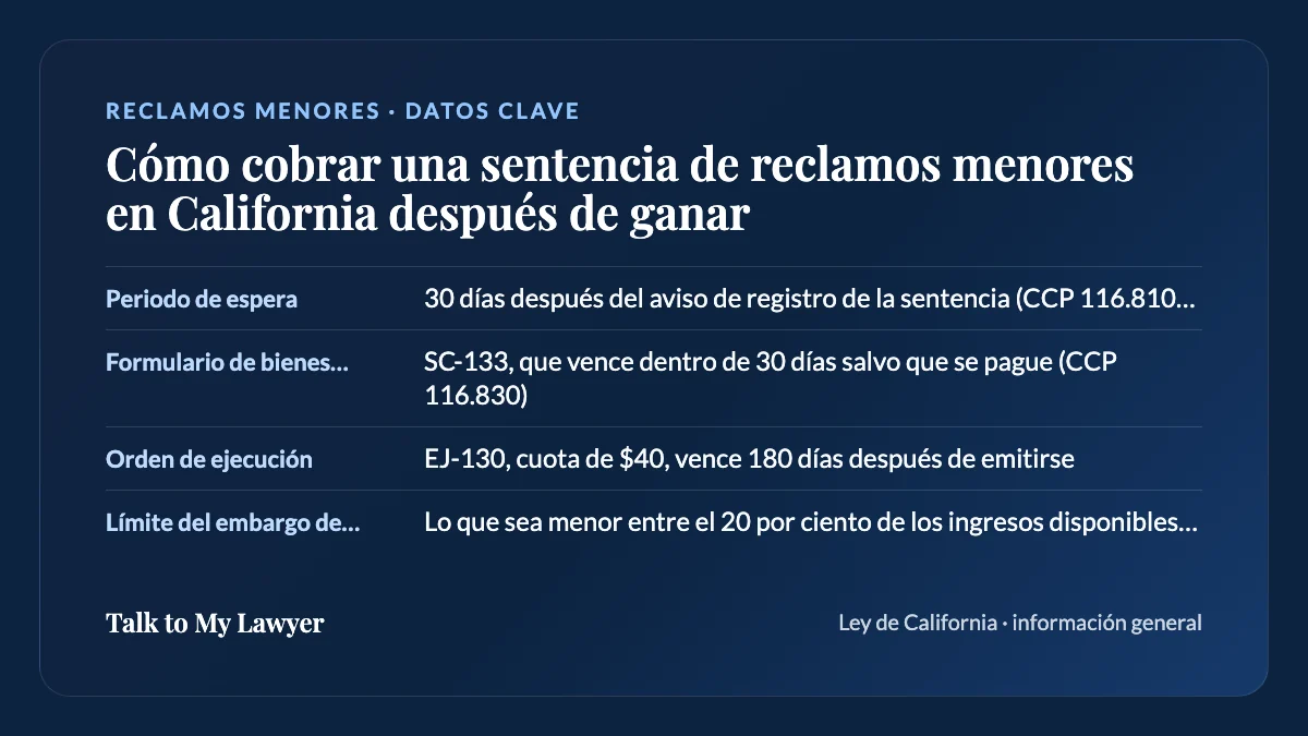 Tarjeta de datos clave: Periodo de espera; Formulario de bienes del deudor; Orden de ejecución; Límite del embargo de sueldo