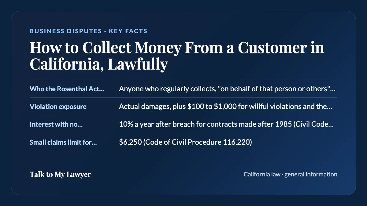 Key facts card: Who the Rosenthal Act covers; Violation exposure; Interest with no agreed rate; Small claims limit for a business
