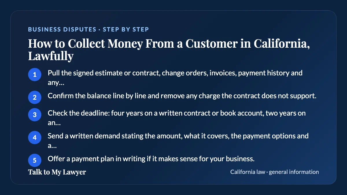Step-by-step card: 5 steps, starting with "Pull the signed estimate or contract, change orders, invoices, payment history and any…"