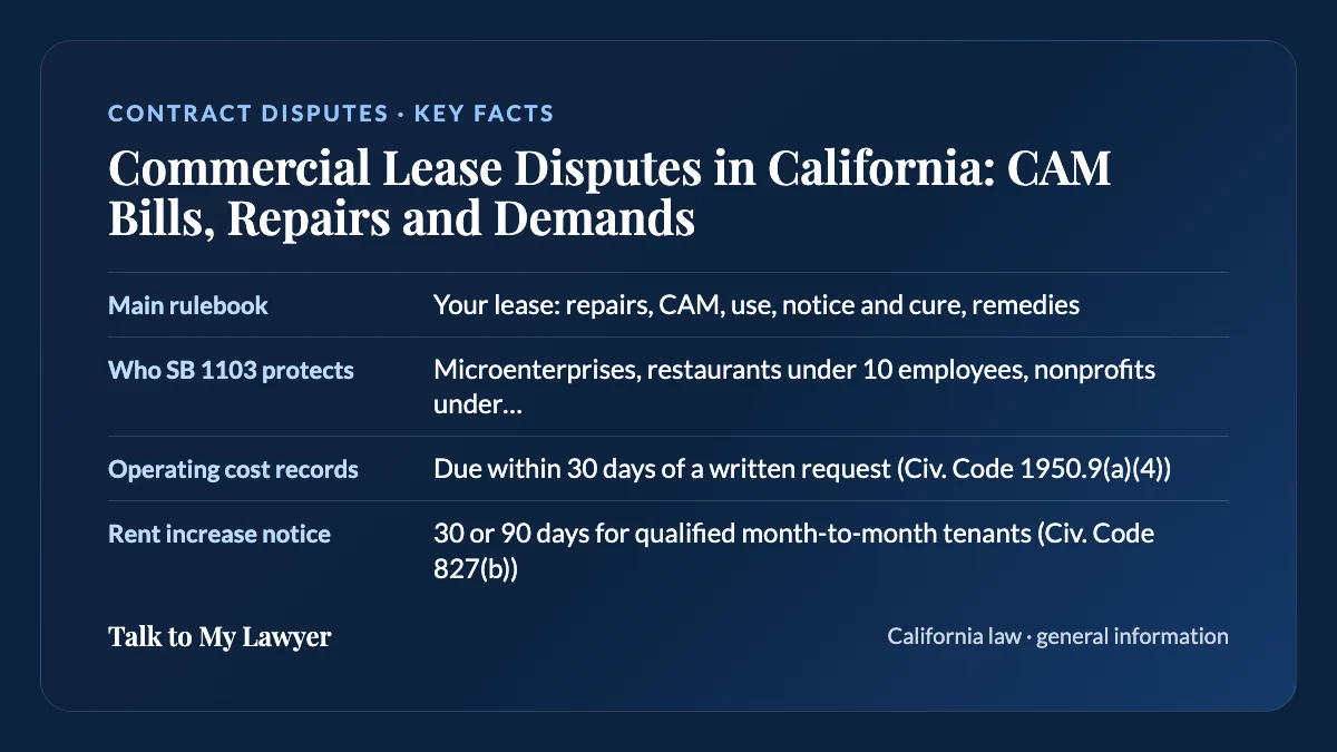 Key facts card: Main rulebook; Who SB 1103 protects; Operating cost records; Rent increase notice