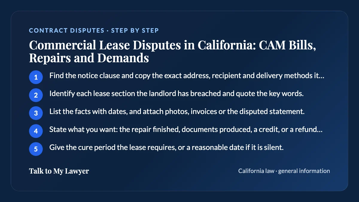 Step-by-step card: 5 steps, starting with "Find the notice clause and copy the exact address, recipient and delivery methods it lists"