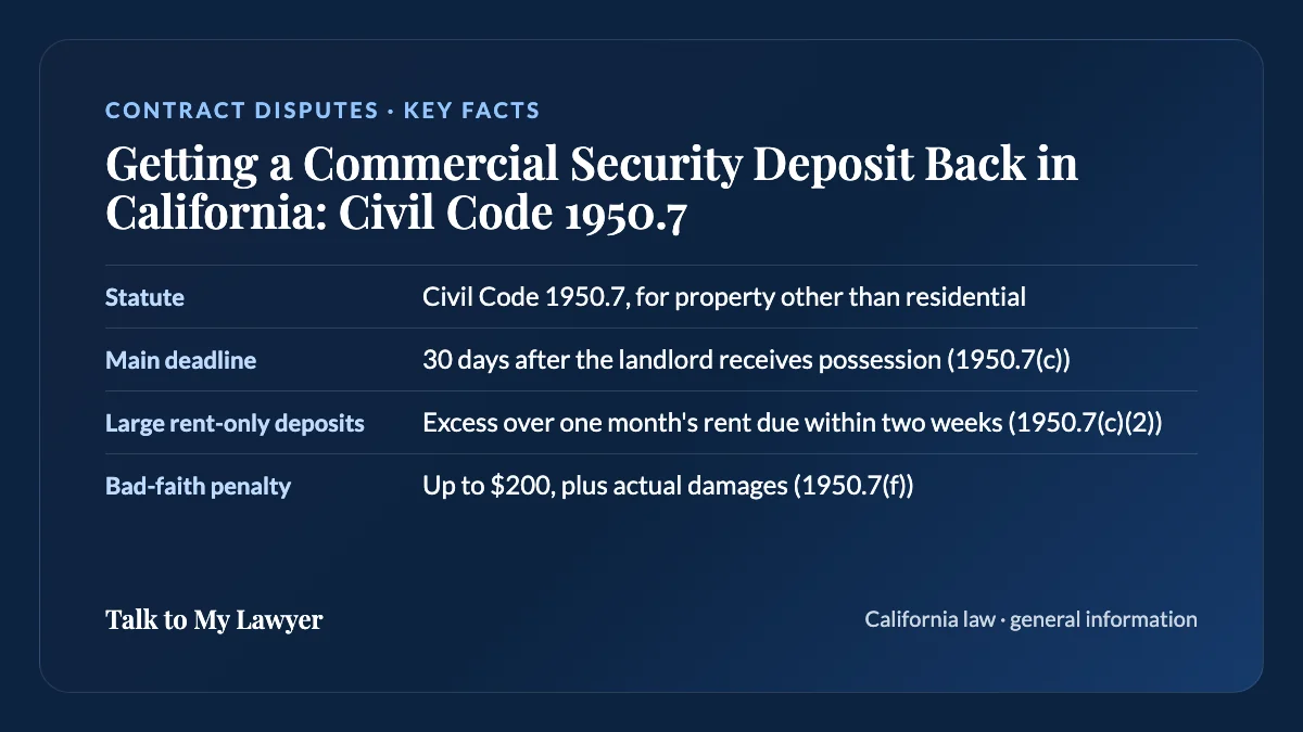 Key facts card: Statute; Main deadline; Large rent-only deposits; Bad-faith penalty
