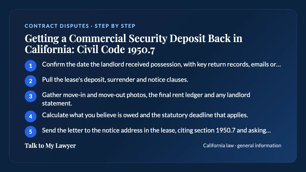 Step-by-step card: 5 steps, starting with "Confirm the date the landlord received possession, with key return records, emails or a…"
