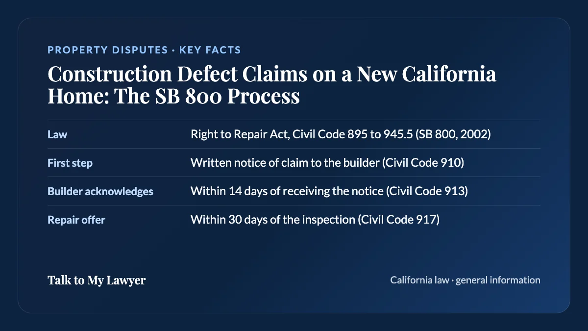 Key facts card: Law; First step; Builder acknowledges; Repair offer