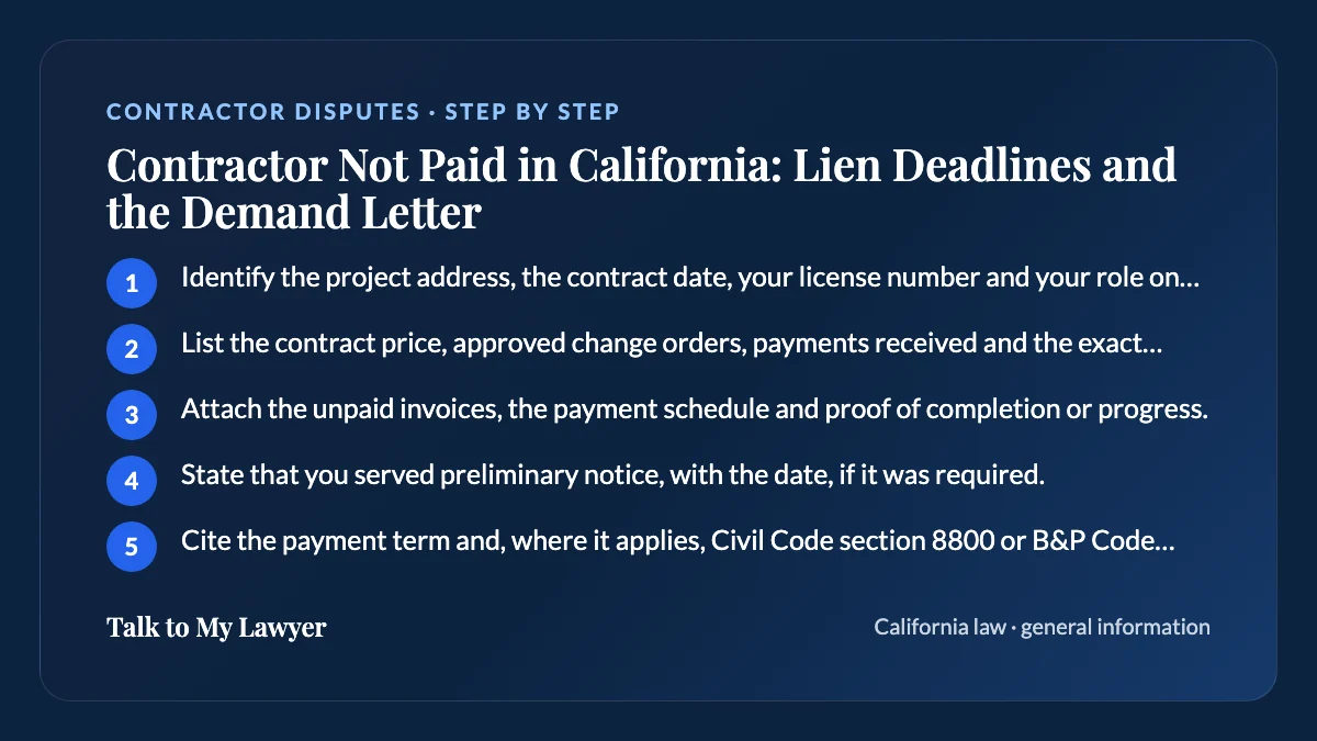Step-by-step card: 5 steps, starting with "Identify the project address, the contract date, your license number and your role on the job"