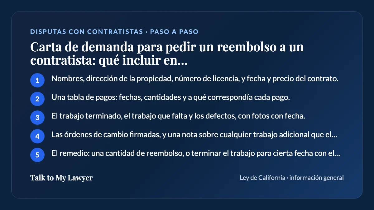 Tarjeta paso a paso: 5 pasos, empezando por "Nombres, dirección de la propiedad, número de licencia, y fecha y precio del contrato"