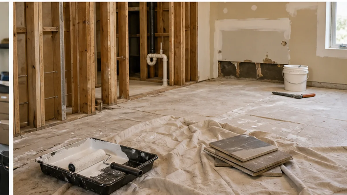 Contractor Refund Demand Letter: What to Include photo showing unfinished remodel room with exposed studs, paint tray, and tool silhouettes
