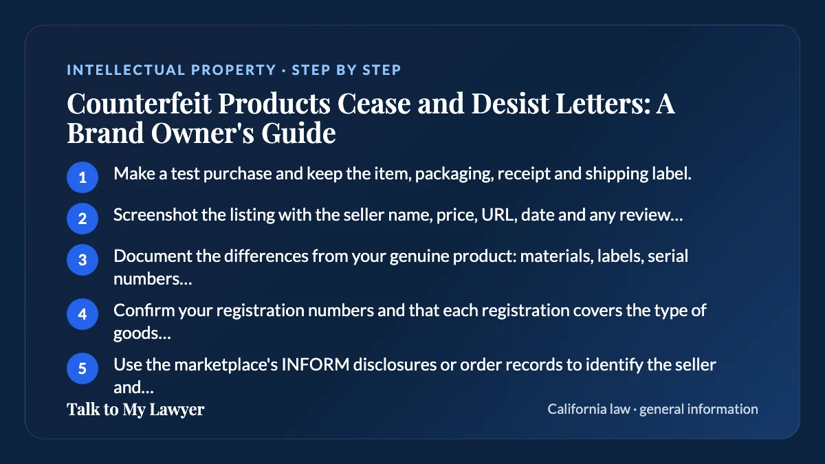 Step-by-step card: 5 steps, starting with "Make a test purchase and keep the item, packaging, receipt and shipping label"