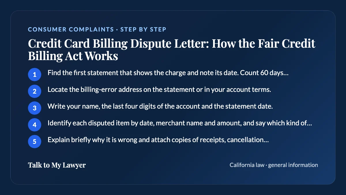 Step-by-step card: 5 steps, starting with "Find the first statement that shows the charge and note its date. Count 60 days forward…"