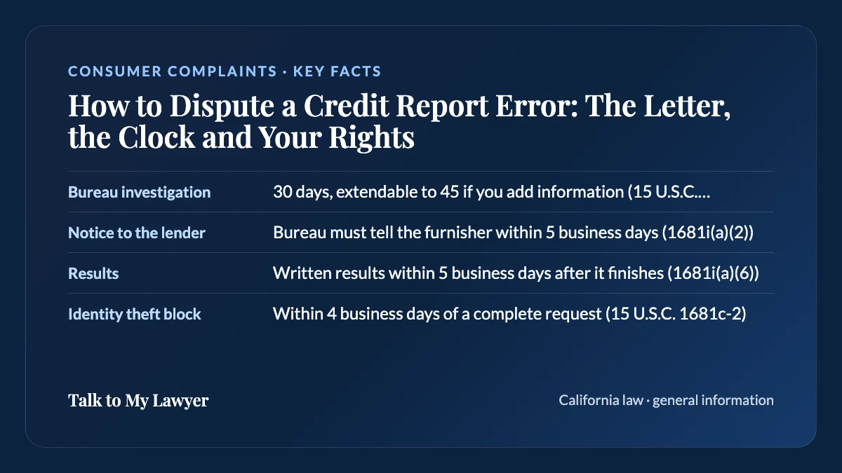 Key facts card: Bureau investigation; Notice to the lender; Results; Identity theft block