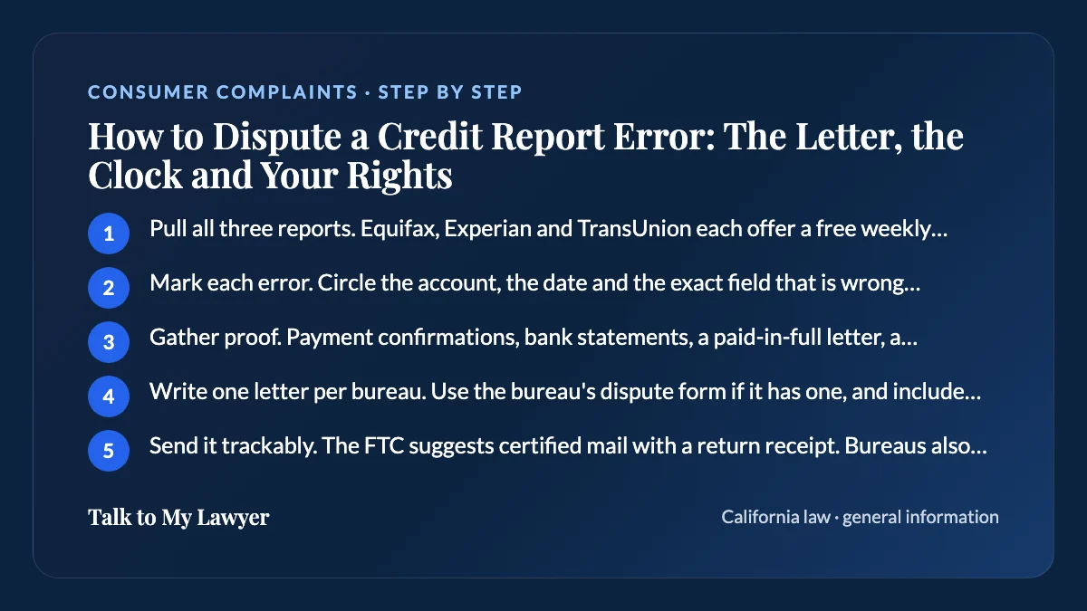 Step-by-step card: 5 steps, starting with "Pull all three reports. Equifax, Experian and TransUnion each offer a free weekly report…"