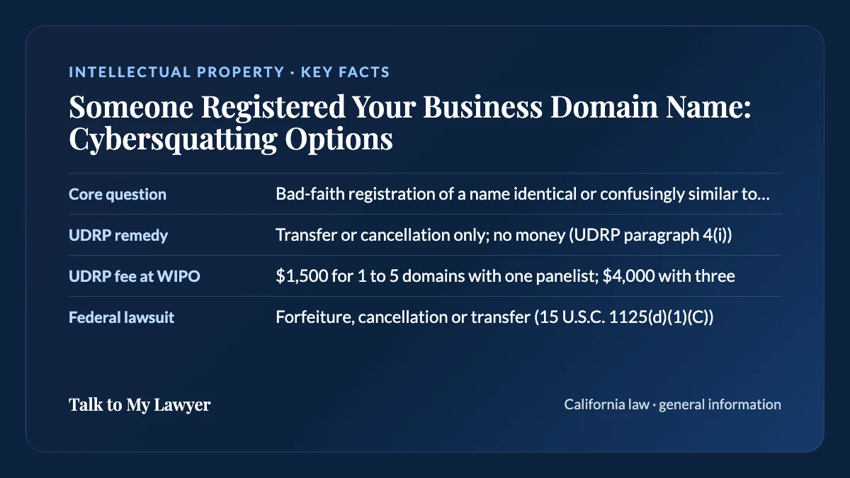 Key facts card: Core question; UDRP remedy; UDRP fee at WIPO; Federal lawsuit