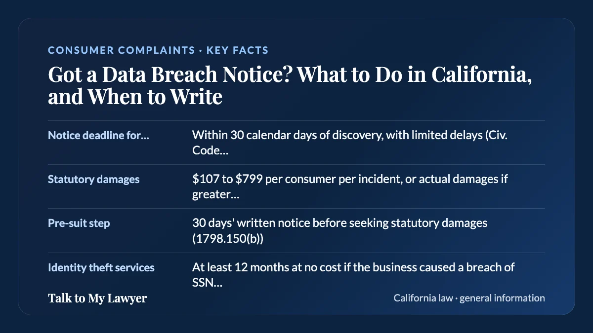 Key facts card: Notice deadline for companies; Statutory damages; Pre-suit step; Identity theft services