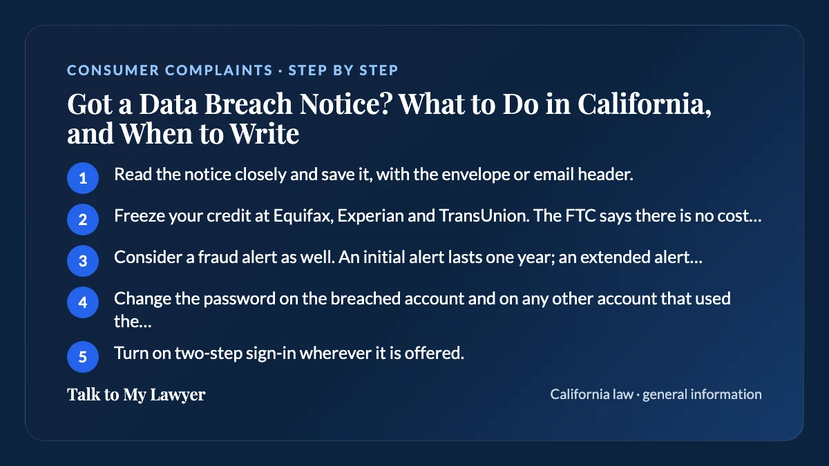 Step-by-step card: 5 steps, starting with "Read the notice closely and save it, with the envelope or email header"