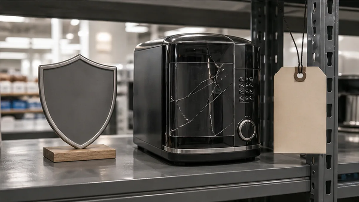 Defective Product Demand Letter photo showing returned appliance on inspection shelf with crack and warranty shield