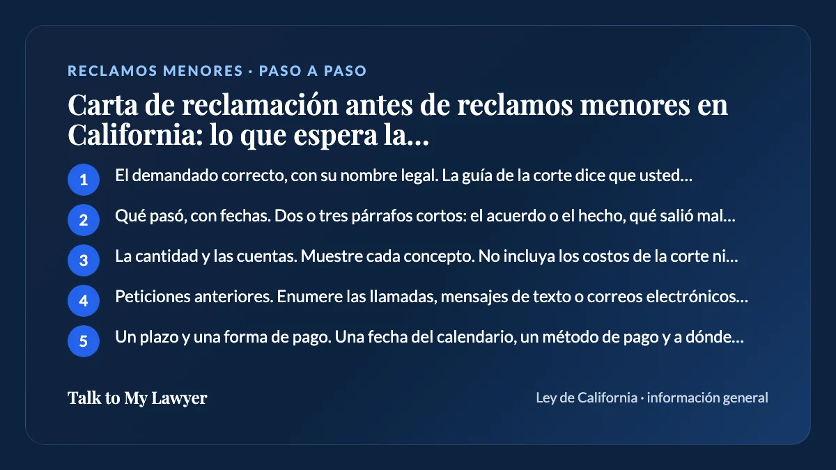 Tarjeta paso a paso: 5 pasos, empezando por "El demandado correcto, con su nombre legal. La guía de la corte dice que usted necesita…"