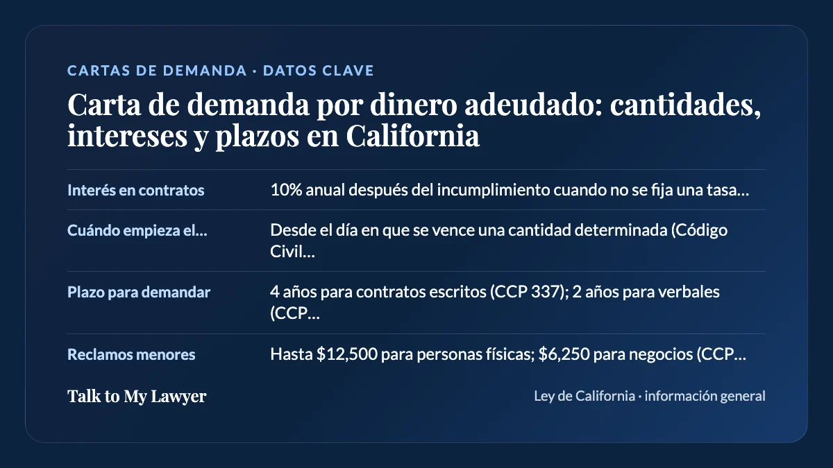 Tarjeta de datos clave: Interés en contratos; Cuándo empieza el interés; Plazo para demandar; Reclamos menores