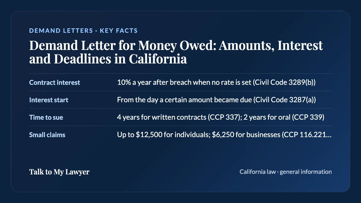 Key facts card: Contract interest; Interest start; Time to sue; Small claims