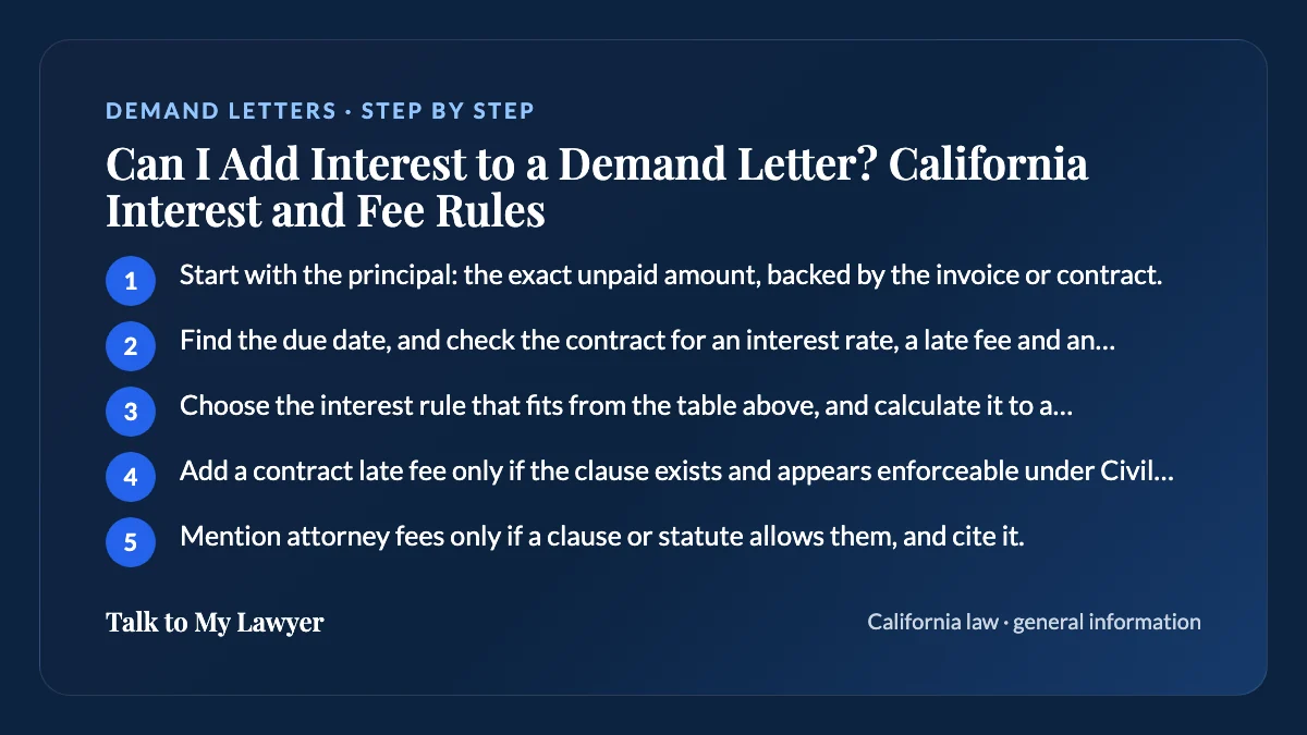 Step-by-step card: 5 steps, starting with "Start with the principal: the exact unpaid amount, backed by the invoice or contract"