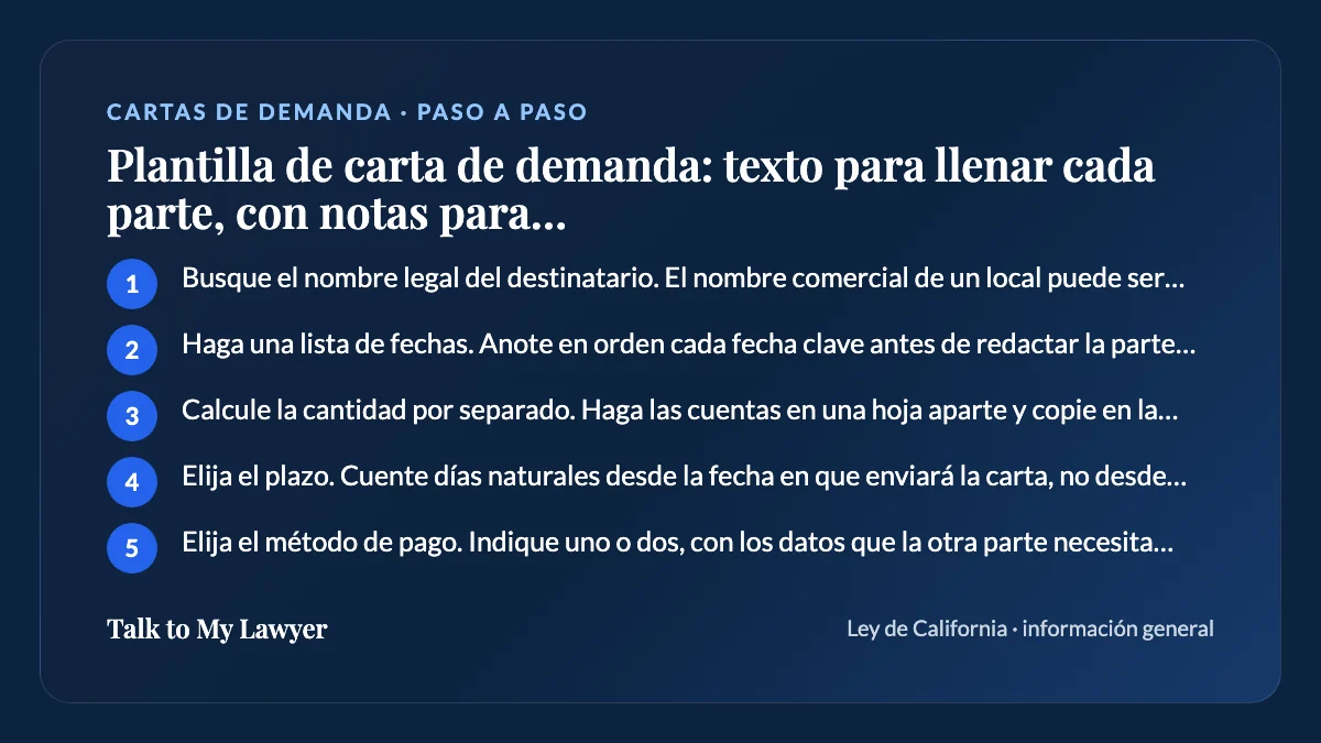 Tarjeta paso a paso: 5 pasos, empezando por "Busque el nombre legal del destinatario. El nombre comercial de un local puede ser…"