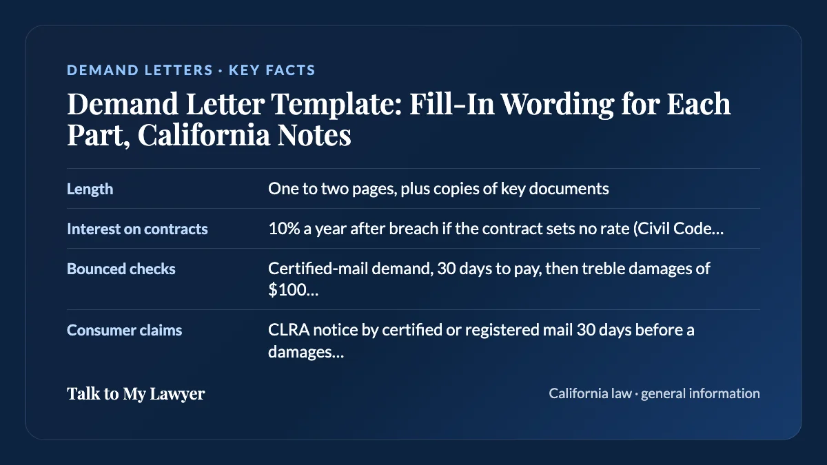 Key facts card: Length; Interest on contracts; Bounced checks; Consumer claims