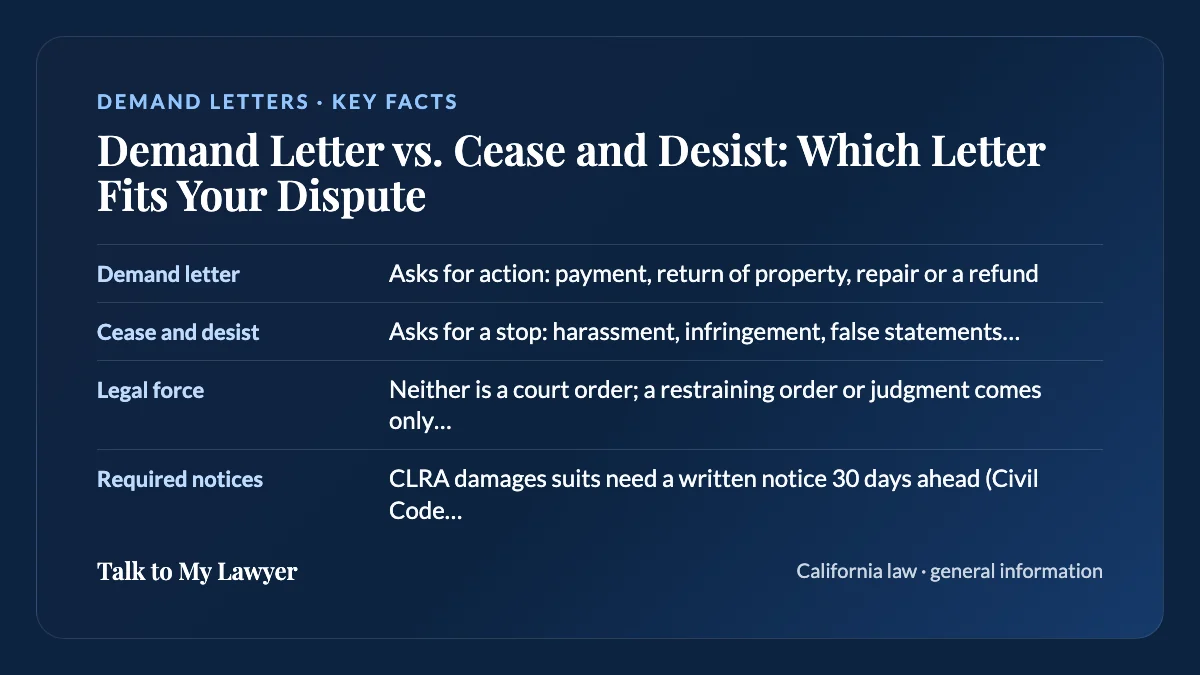 Key facts card: Demand letter; Cease and desist; Legal force; Required notices
