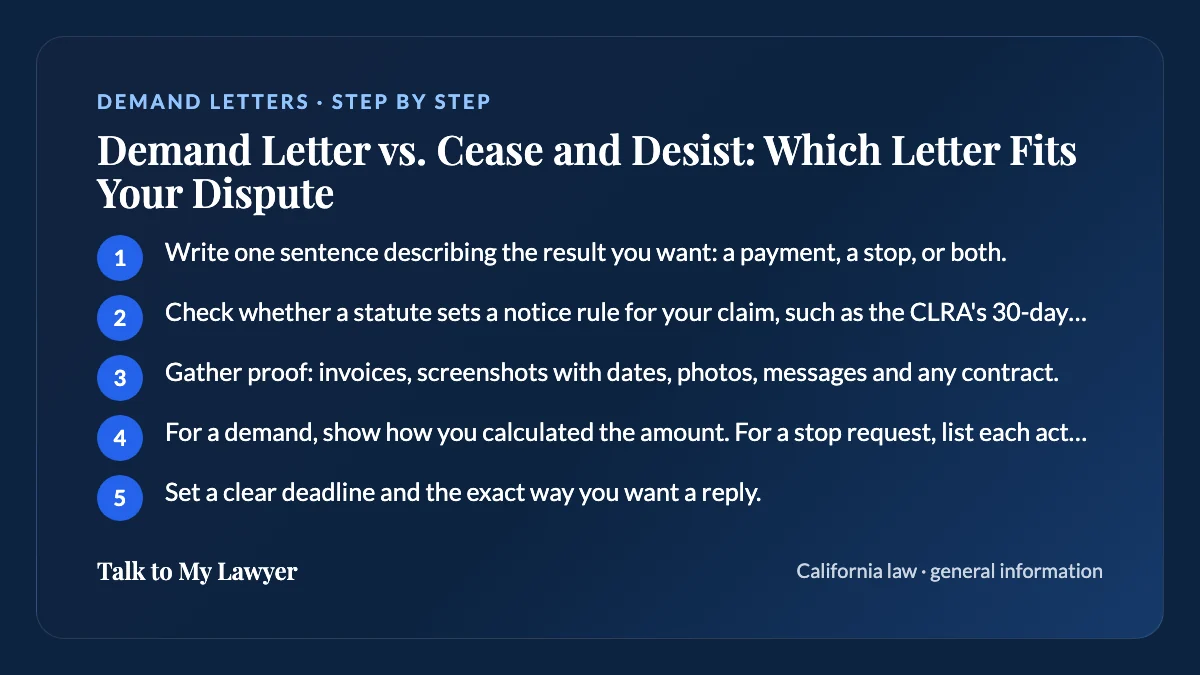Step-by-step card: 5 steps, starting with "Write one sentence describing the result you want: a payment, a stop, or both"