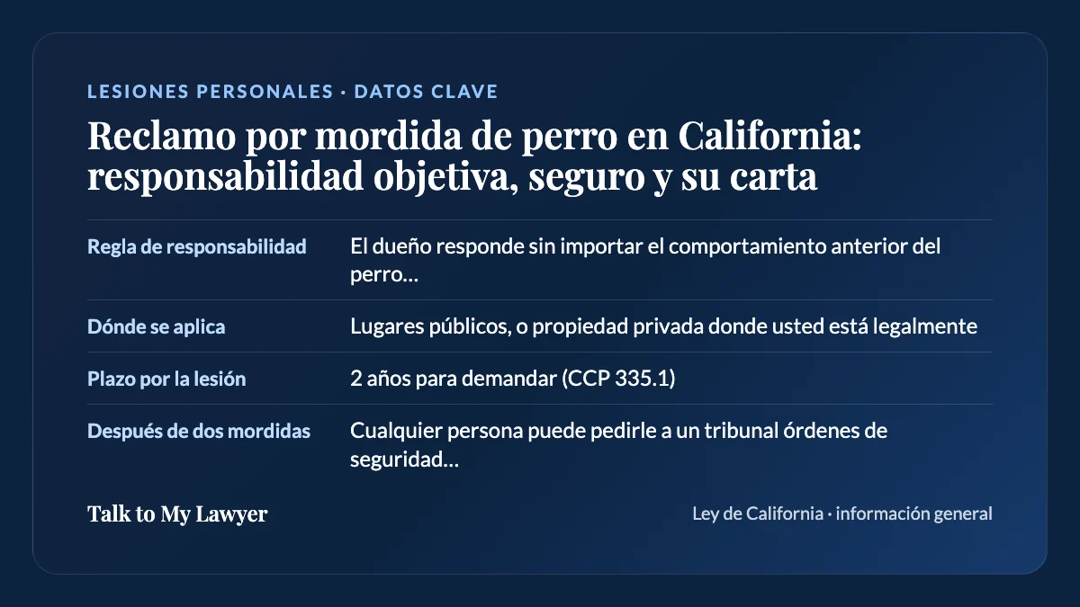Tarjeta de datos clave: Regla de responsabilidad; Dónde se aplica; Plazo por la lesión; Después de dos mordidas