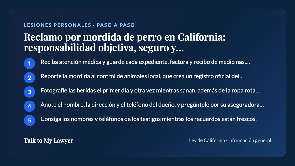 Tarjeta paso a paso: 5 pasos, empezando por "Reciba atención médica y guarde cada expediente, factura y recibo de medicinas.…"