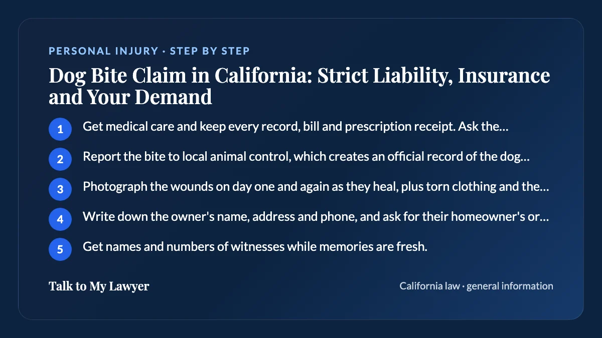 Step-by-step card: 5 steps, starting with "Get medical care and keep every record, bill and prescription receipt. Ask the provider…"