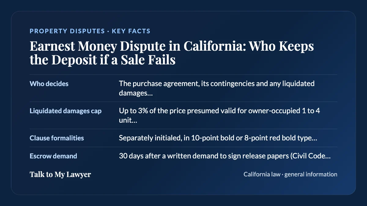 Key facts card: Who decides; Liquidated damages cap; Clause formalities; Escrow demand