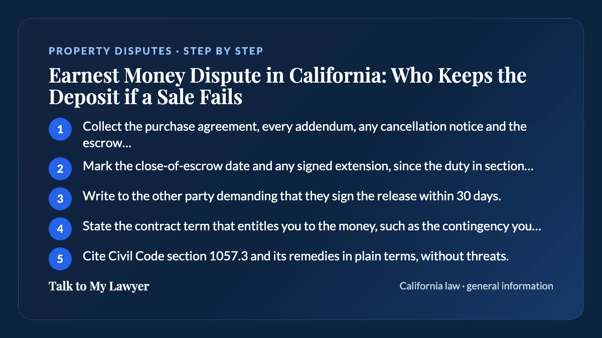 Step-by-step card: 5 steps, starting with "Collect the purchase agreement, every addendum, any cancellation notice and the escrow…"